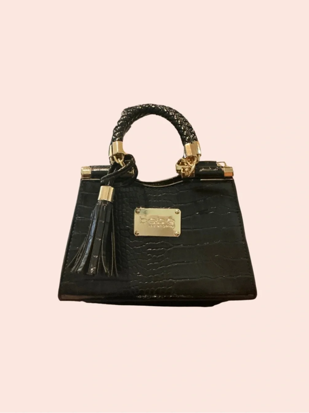 Bebe Black Croc-Embossed Top-Handle Satchel and Gold Plaque